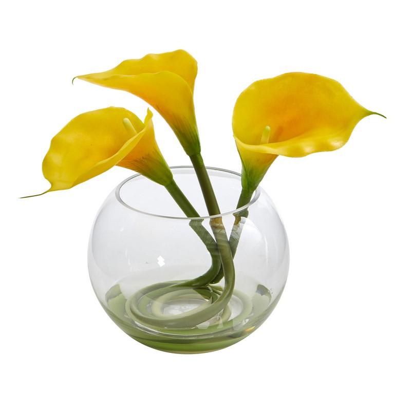 9'' Calla Lily Artificial Arrangement in Rounded Glass Vase