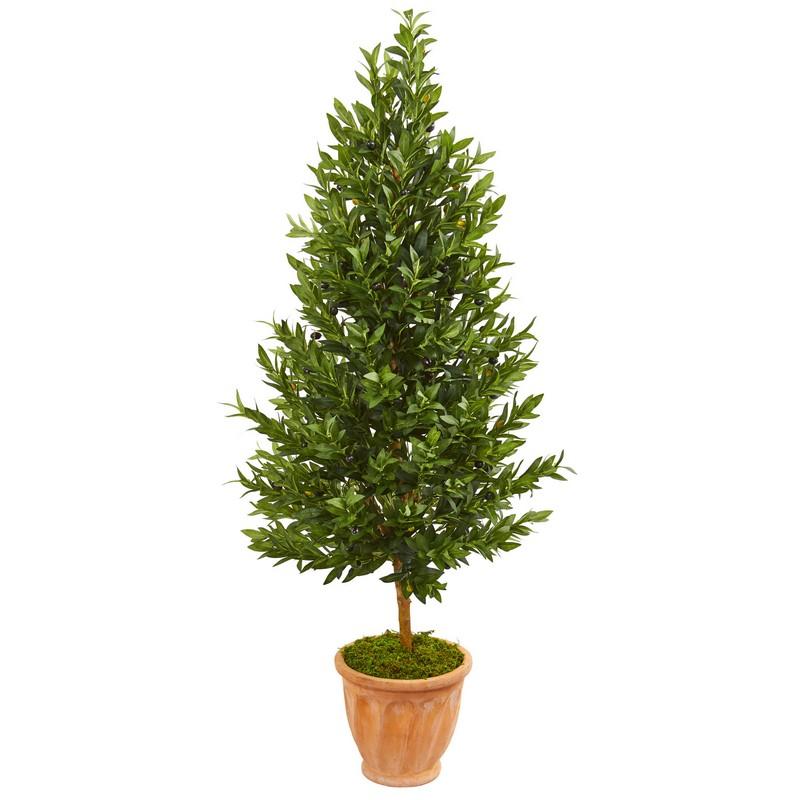 5' Olive Cone Topiary Artificial Tree in Terra Cotta Planter UV Resistant