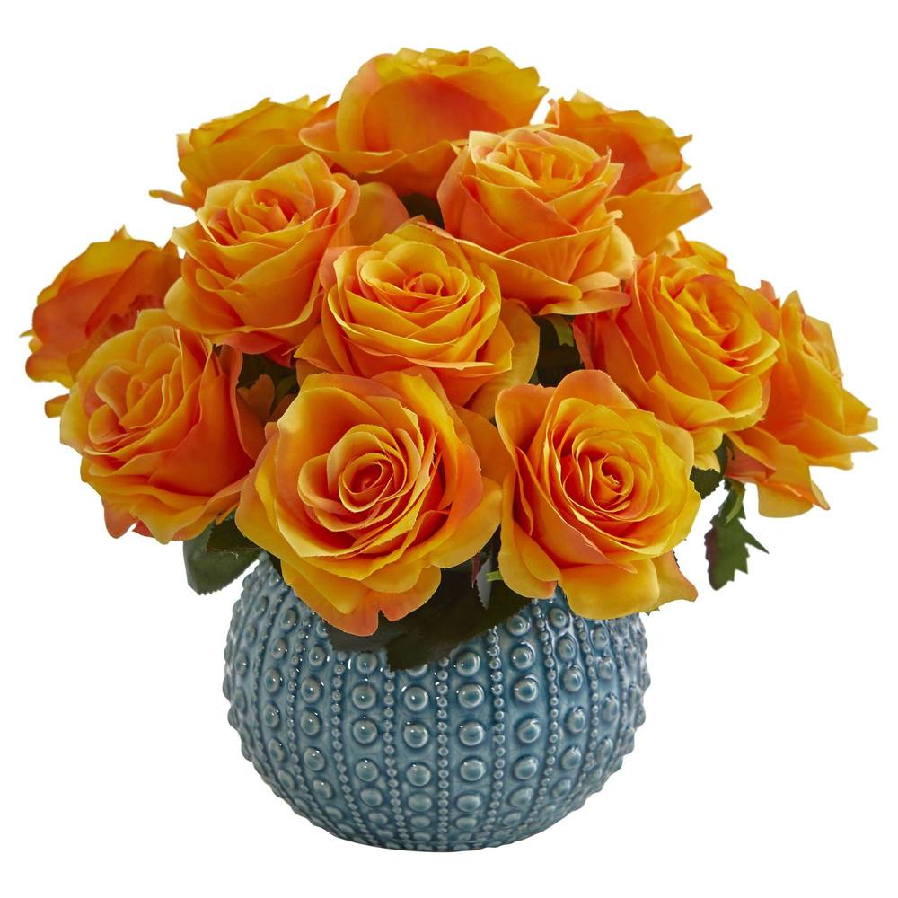 11.5'' Rose Artificial Arrangement in Blue Ceramic Vase