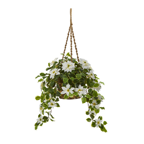3.5' Poinsettia and Variegated Holly Artificial Plant in Hanging Basket