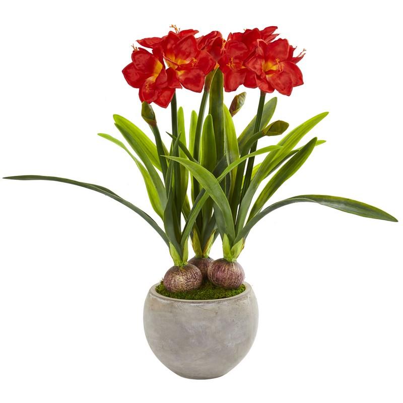 Amaryllis Artificial Plant in Sandstone Bowl