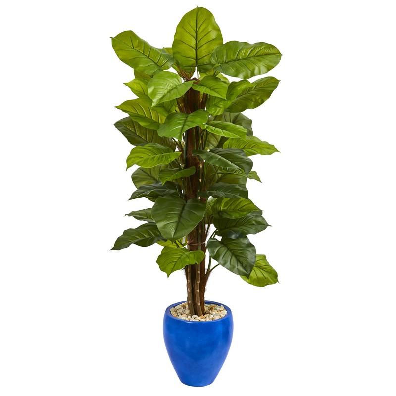 5' Large Leaf Philodendron Artificial Plant in Blue Planter (Real Touch)