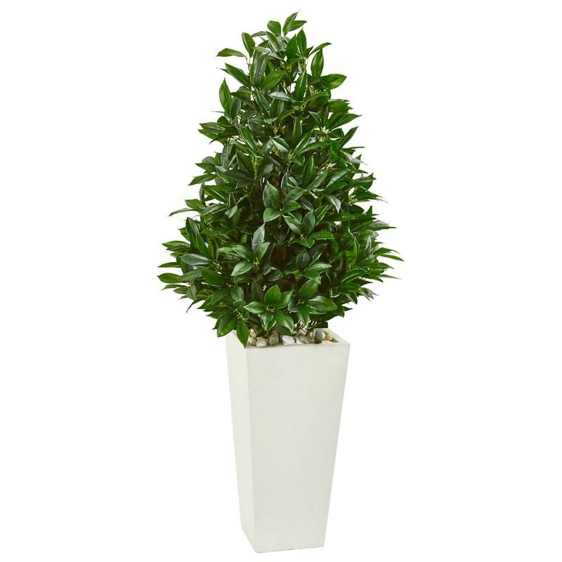 4'  Bay Leaf Cone Topiary Artificial Tree in White Tower Planter UV Resistant