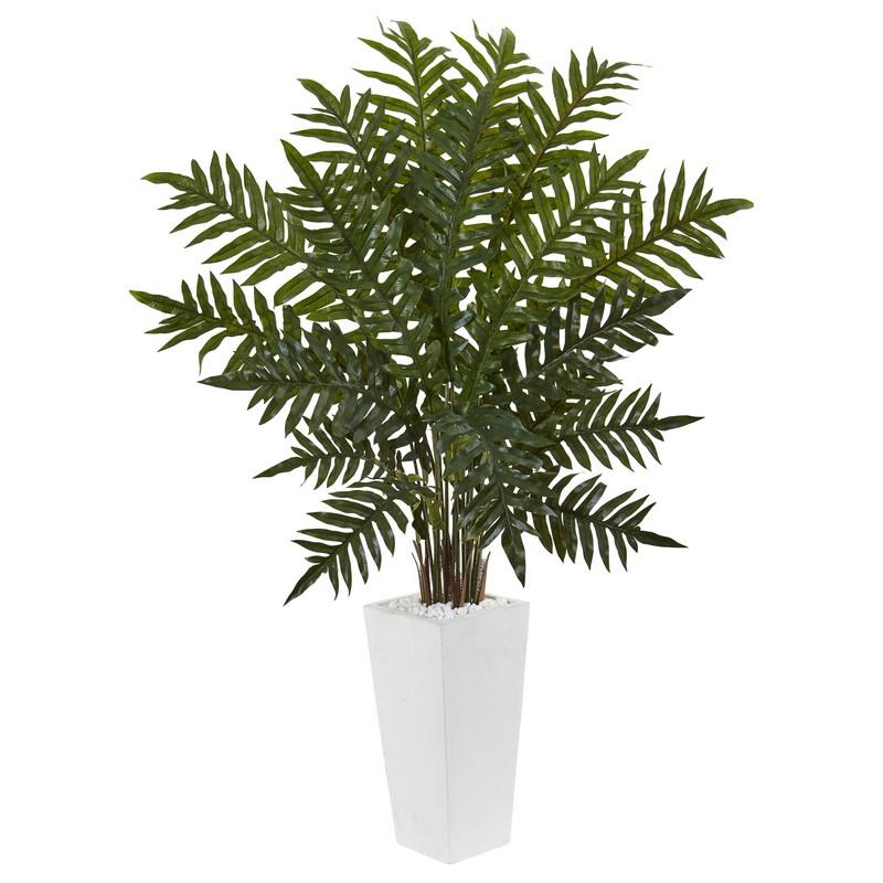 4.5' Evergreen Plant In White Tower Planter 6318 By Nearly Natural