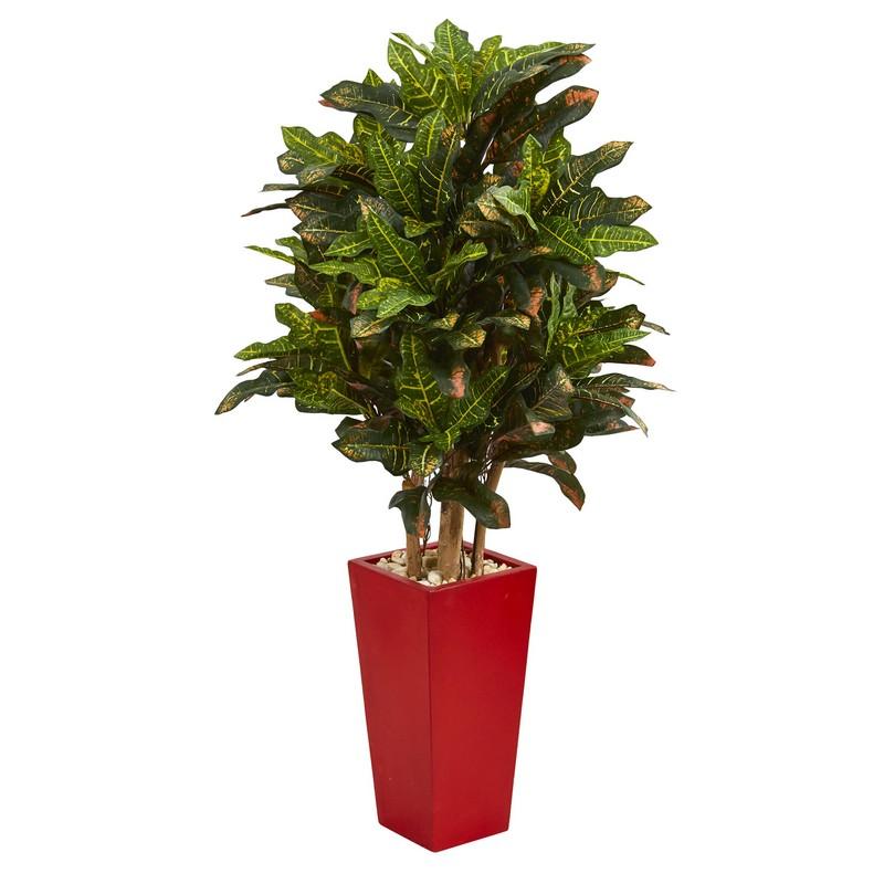 4' Croton Artificial Plant in Red Planter