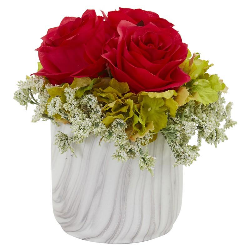 Rose and Hydrangea Artificial Arrangement in Marble Finished Vase