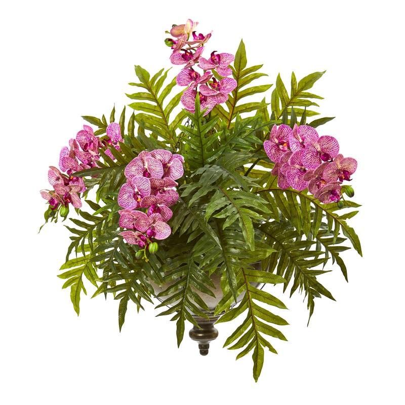 Phalaenopsis Orchid and Fern Artificial Plant in Metal Hanging Bowl