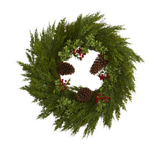 Load image into Gallery viewer, 26&#39;&#39; Cypress with Berries and Pine Cones Artificial Wreath
