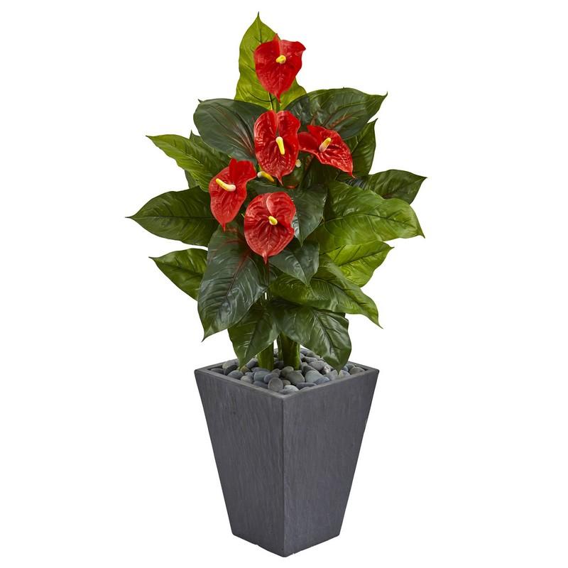 4' Anthurium Artificial Plant in Slate Planter (Real Touch)