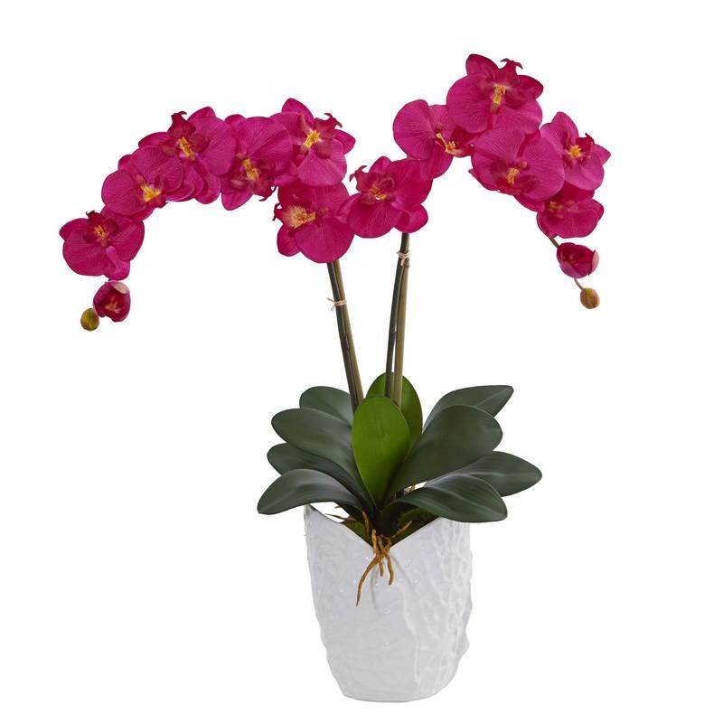 Double Phalaenopsis Orchid Artificial Arrangement in White Vase