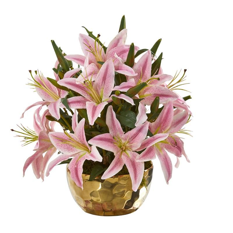 Lily Artificial Arrangement in Gold Vase