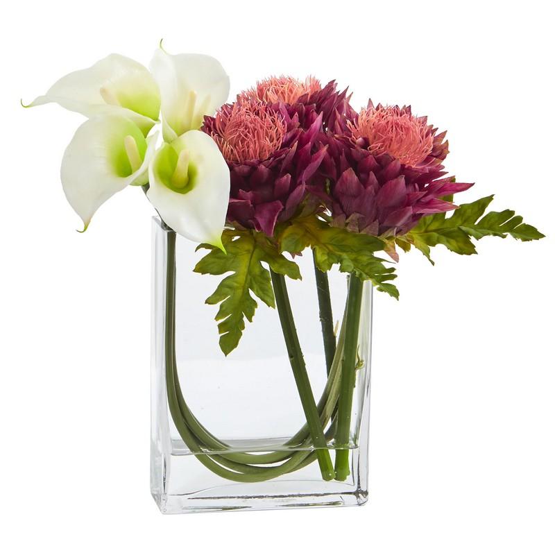 12'' Calla Lily and Artichoke in Rectangular Glass Vase Artificial Arrangement