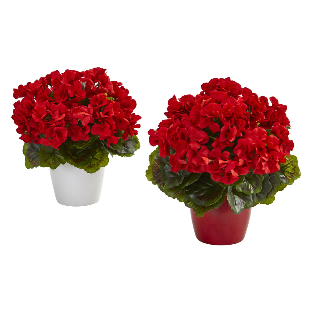 Geranium Artificial Plant In Ceramic Vase Uv Resistant Indoor/Outdoor (Set Of 2)