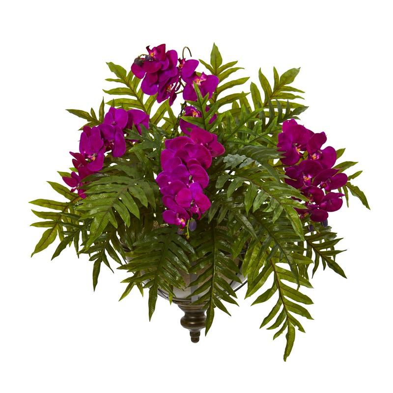 Phalaenopsis Orchid and Fern Artificial Plant in Metal Hanging Bowl
