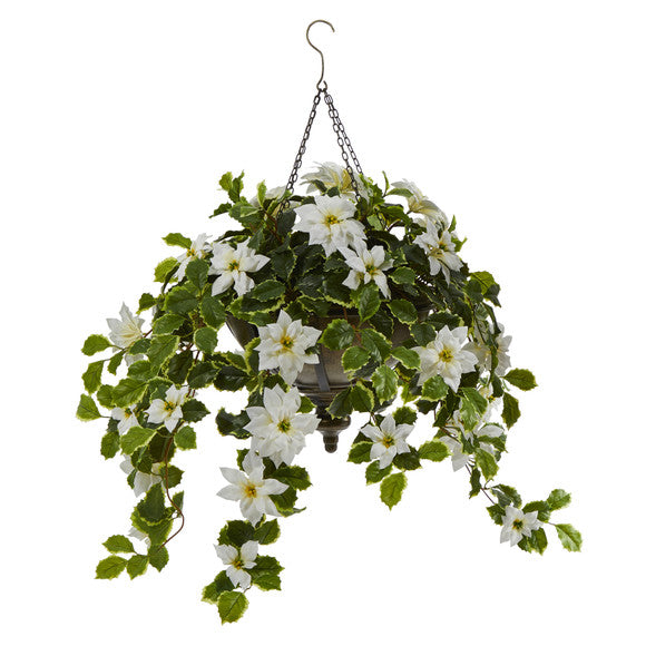 3' Poinsettia and Variegated Holly Artificial Plant in Metal Hanging Bowl