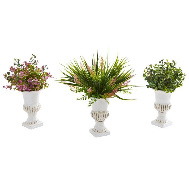 Eucalyptus and Grass Artificial Plant in White Urn (Set of 3)