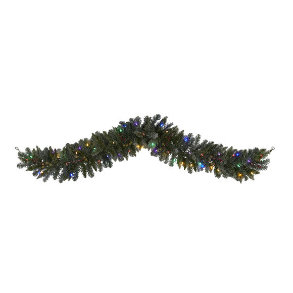 6' Flocked Artificial Christmas Garland with 50 Multicolored LED and Berries