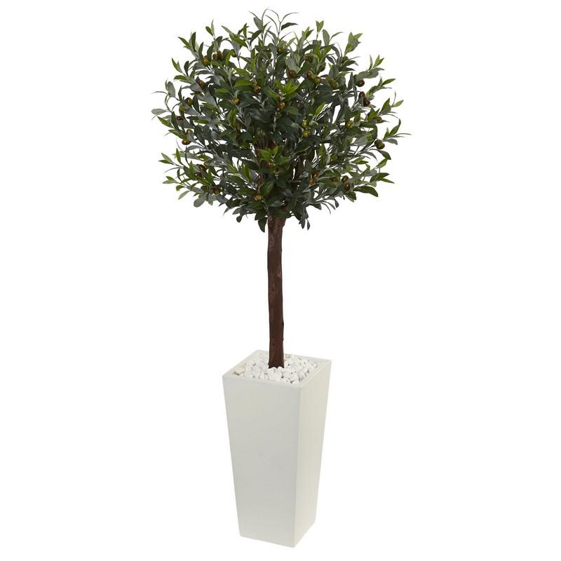 5' Olive Topiary Artificial Tree in White Tower Planter