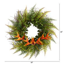 Load image into Gallery viewer, 23&quot; Assorted Fern and Mini Heliconia Artificial Wreath
