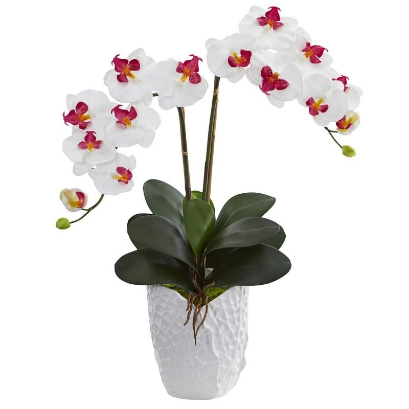 Double Phalaenopsis Orchid Artificial Arrangement in White Vase