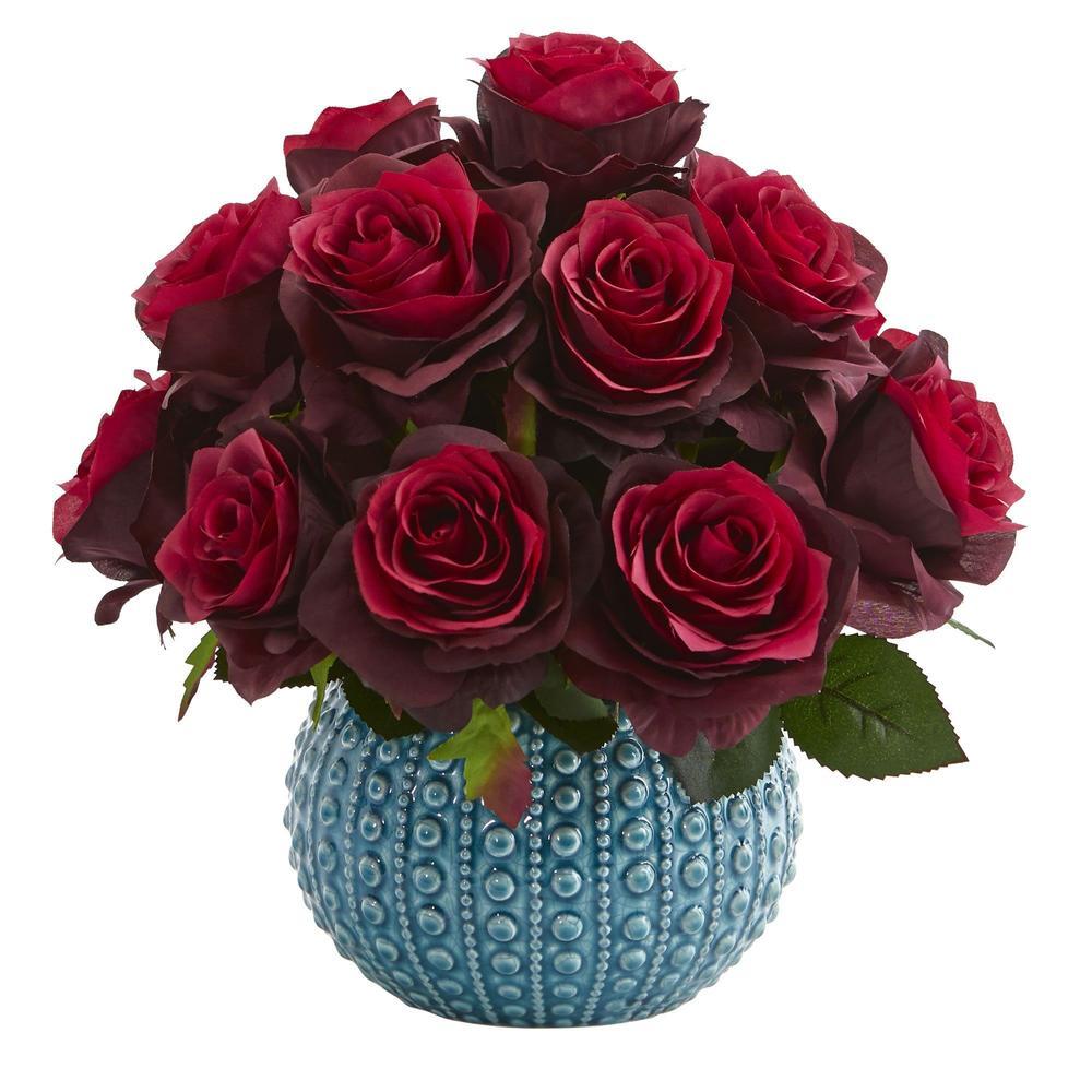 11.5'' Rose Artificial Arrangement in Blue Ceramic Vase