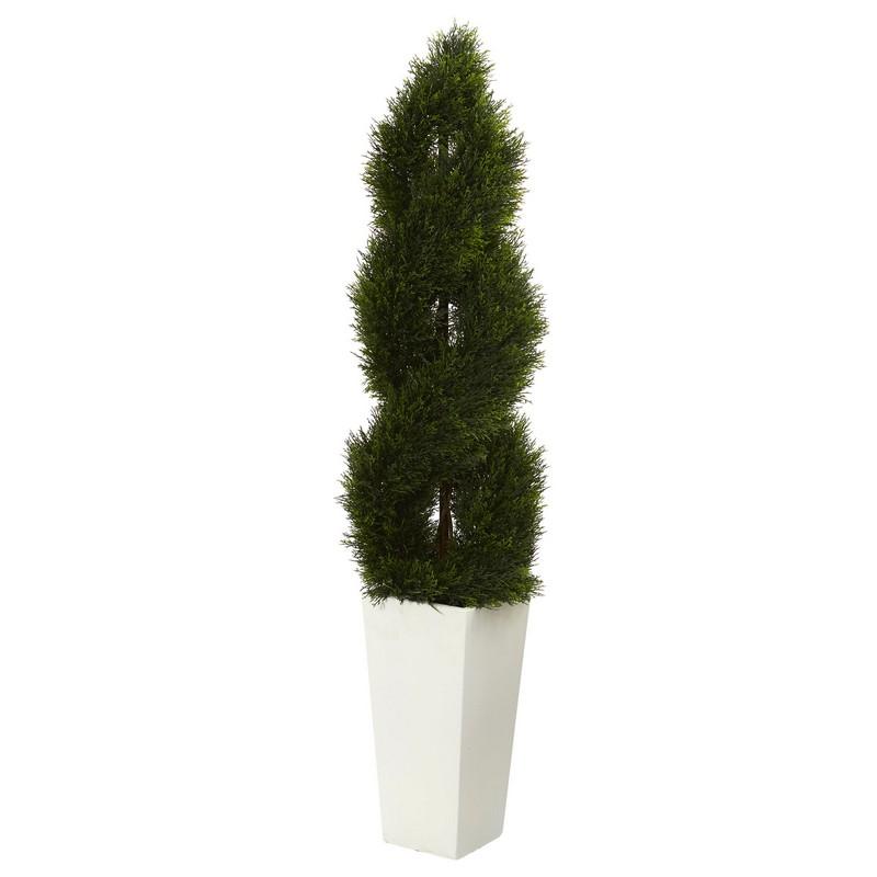 5.5' Double Pond Cypress Spiral Topiary Artificial Tree in White Tower Planter