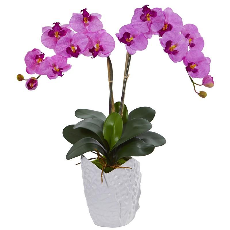 Double Phalaenopsis Orchid Artificial Arrangement in White Vase