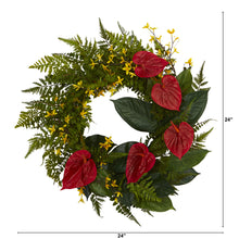 Load image into Gallery viewer, 24&quot; Mixed Fern, Anthurium and Forsythia Artificial Wreath
