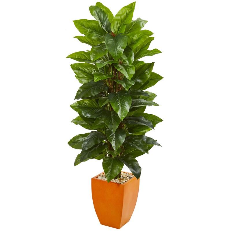 5.5' Large Leaf Philodendron Artificial Plant in Orange Planter (Real Touch)