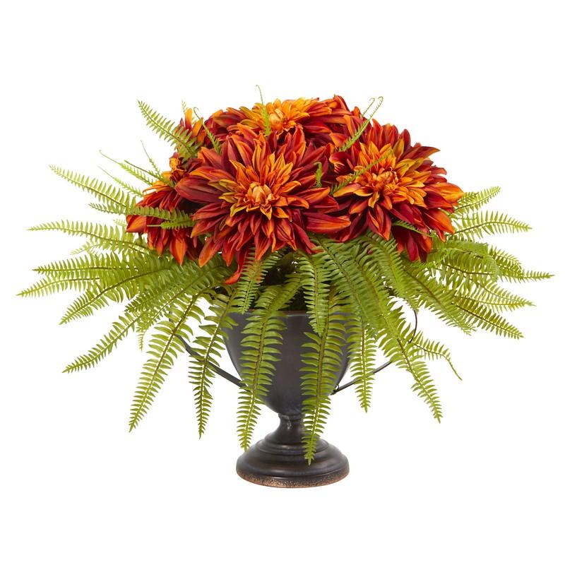 Dahlia and Fern Artificial Arrangement in Metal Goblet
