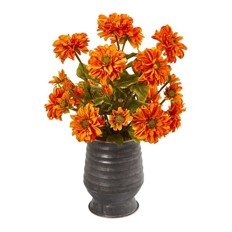 Zinnia Artificial Arrangement in Ribbed Metal Planter