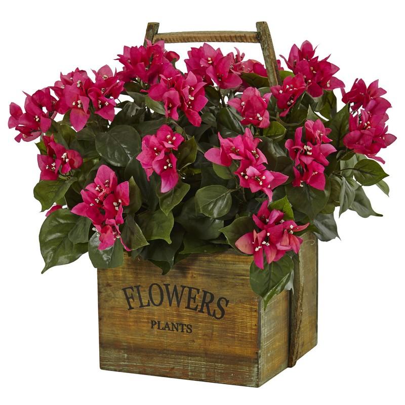Bougainvillea In Rustic Wood Planter 6323 By Nearly Natural