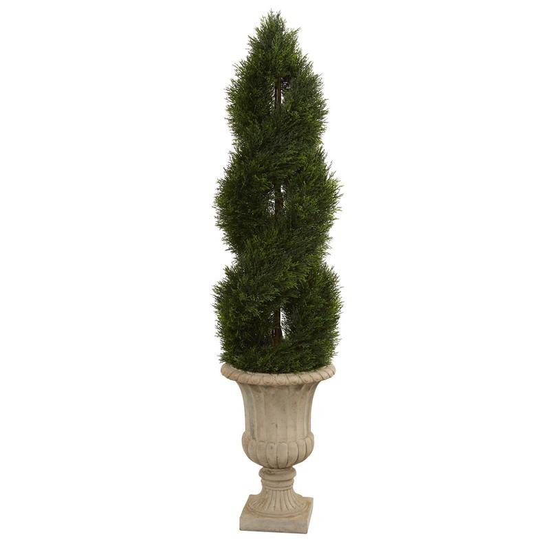 5' Double Pond Cypress Artificial Spiral Topiary Tree in Urn UV Resistant