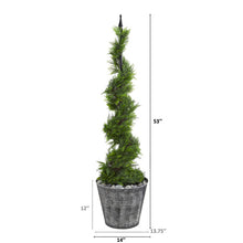Load image into Gallery viewer, 53&quot; Cypress Artificial Spiral Topiary Tree in Black Embossed Tin Planter
