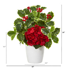 Load image into Gallery viewer, 14&quot; Hydrangea and Holly Leaf Artificial Arrangement in White Vase
