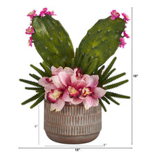 Load image into Gallery viewer, 18&quot; Cymbidium Orchid and Cactus Artificial Arrangement in Stoneware Vase
