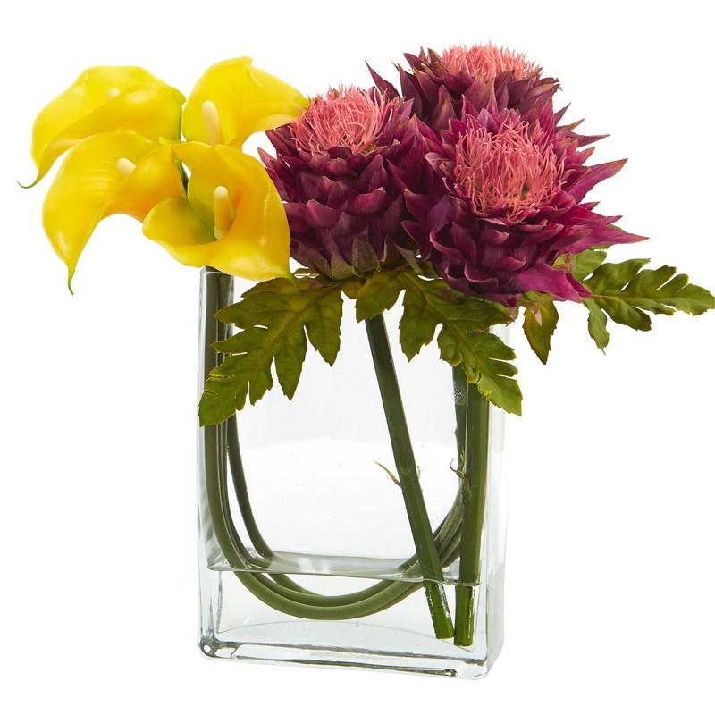 12'' Calla Lily and Artichoke in Rectangular Glass Vase Artificial Arrangement