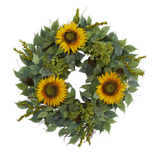 Load image into Gallery viewer, 23&quot; Mixed Greens and Sunflower Artificial Wreath
