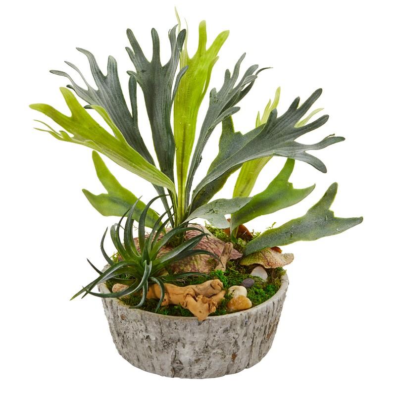 Staghorn and Succulent Artificial Plant in Weathered Planter