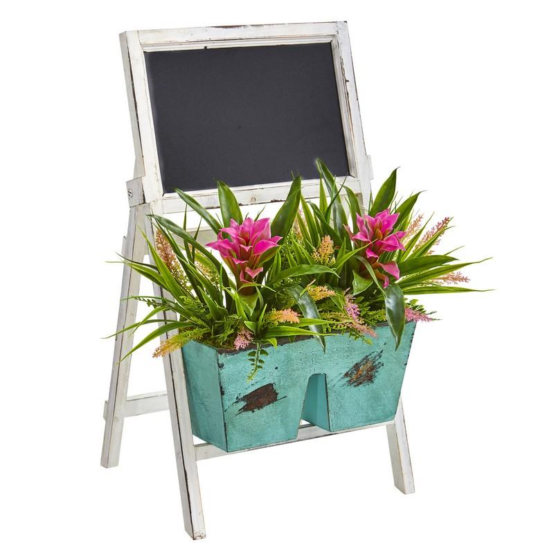 26' Bromeliad and Grass Artificial Plant in Farmhouse Stand with Chalkboard