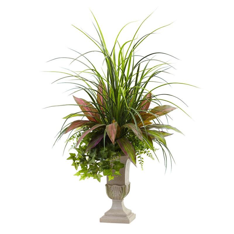 3' Mixed Grass, Dracena, Sage Ivy & Fern With Planter 6827 By Nearly Natural