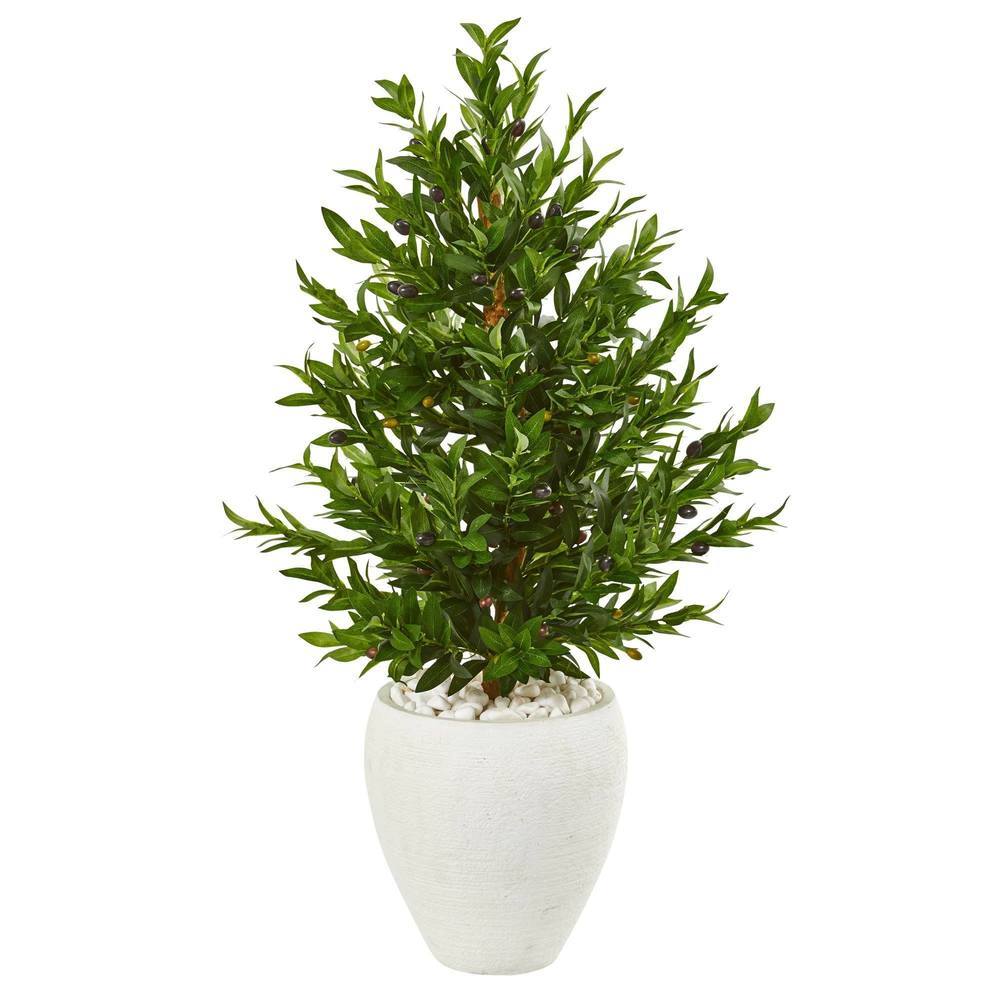 3.5' Olive Cone Topiary Artificial Tree in White Planter UV Resistant