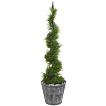 Load image into Gallery viewer, 53&quot; Cypress Artificial Spiral Topiary Tree in Black Embossed Tin Planter
