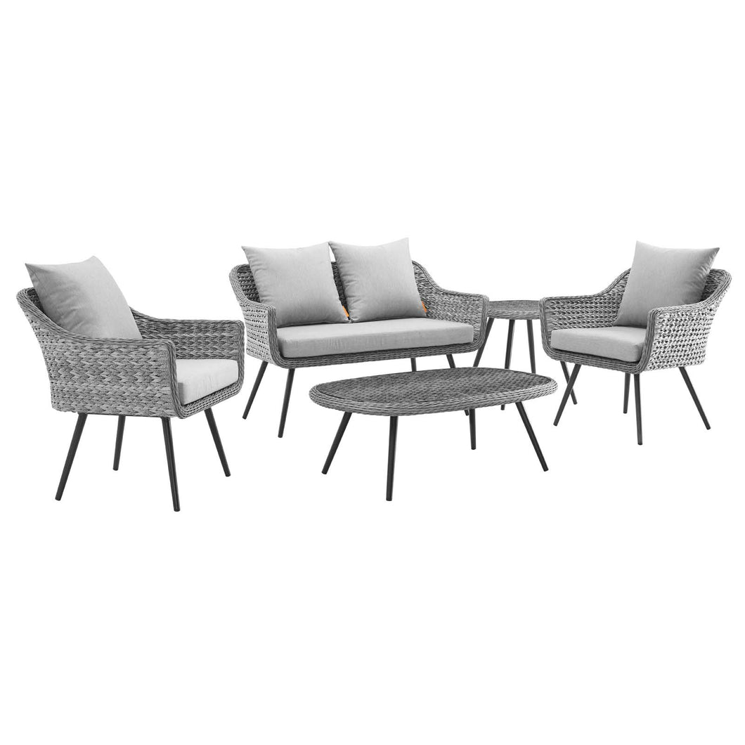 Endeavor 5 Piece Outdoor Patio Wicker Rattan Loveseat Armchair Coffee + Side Table Set by Modway