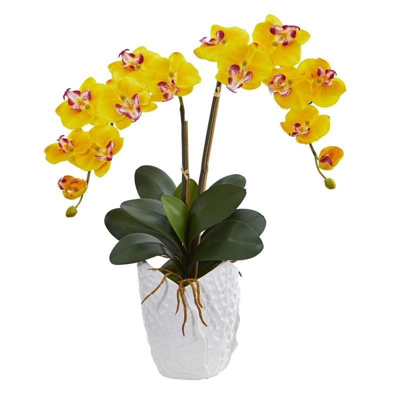 Double Phalaenopsis Orchid Artificial Arrangement in White Vase