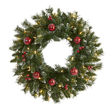 Load image into Gallery viewer, 24&quot; Frosted Artificial Christmas Wreath with 50 Warm White LED Lights
