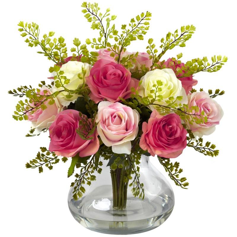 Rose & Maiden Hair Arrangement With Vase 1366-AP By Nearly Natural