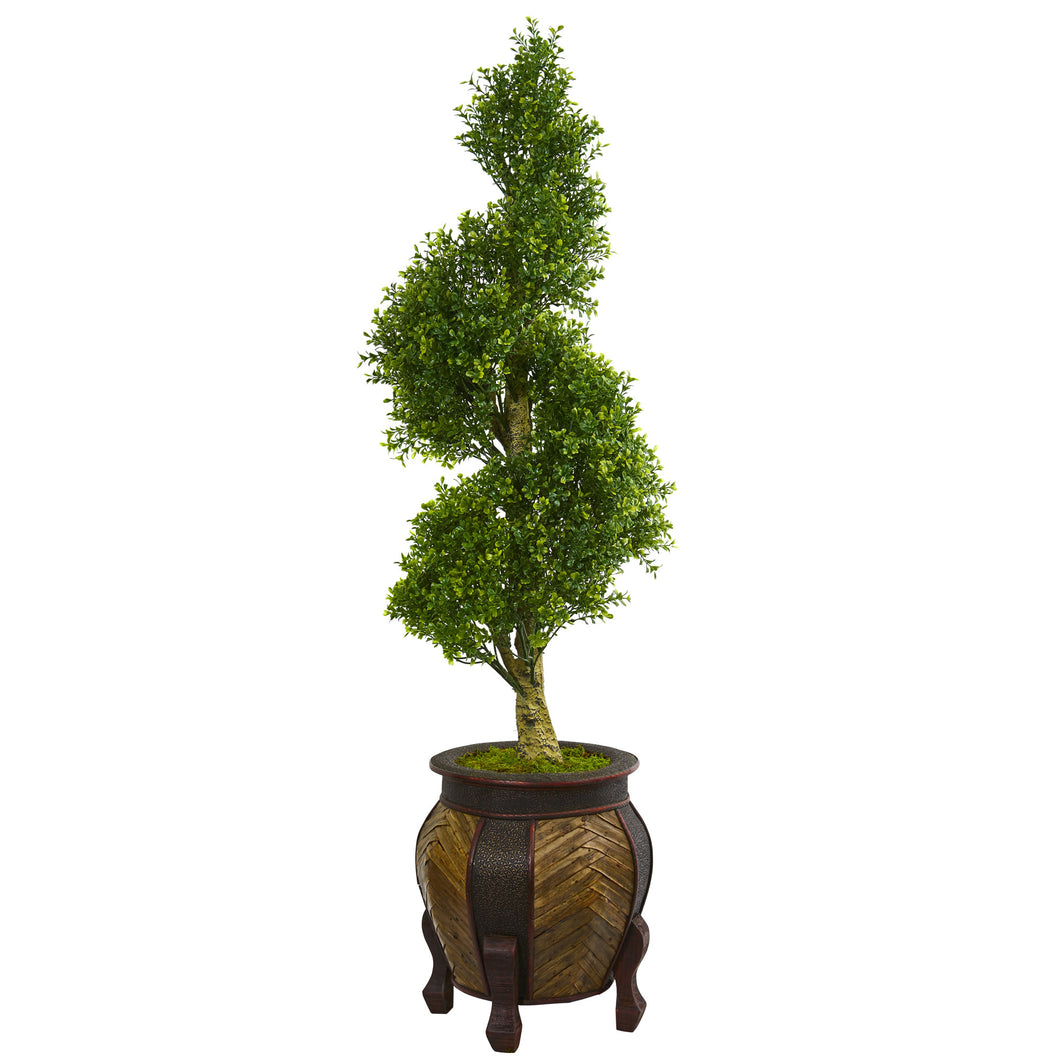 4.5' Boxwood Spiral Topiary Artificial Tree in Decorative Planter