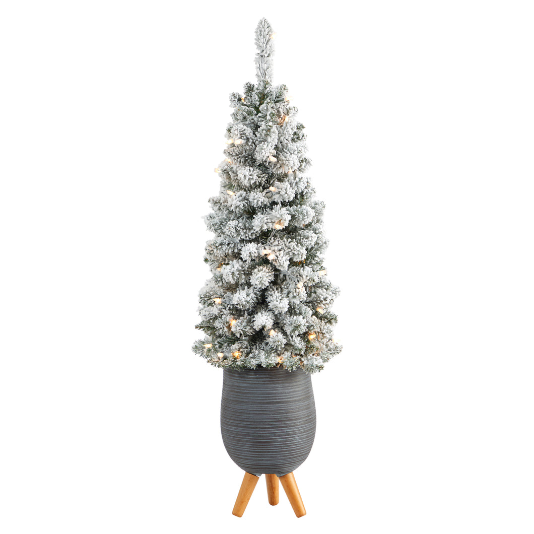 3.5' Flocked Pencil Artificial Christmas Tree w/ 50 Clear Lights & 132 Bendable
