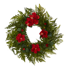 Load image into Gallery viewer, 24&quot; Mixed Fern and Hibiscus Artificial Wreath
